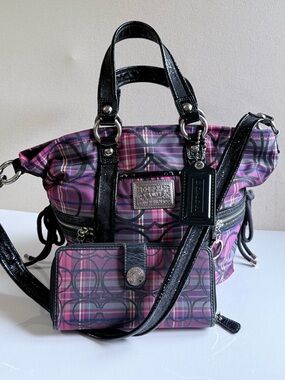 Coach Poppy Purple Plaid Bag + Matching Wallet Set